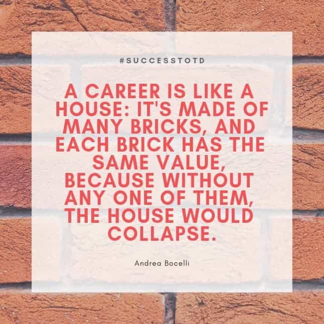 A career is like a house: it's made of many bricks, and each brick has the same value, because without any one of them, the house would collapse. - Andrea Bocelli