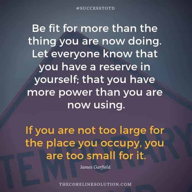 Be fit for more than the thing you are now doing. Let everyone know that you have a reserve in yourself; that you have more power than you are now using. If you are not too large for the place you occupy, you are too small for it. - James A. Garfield